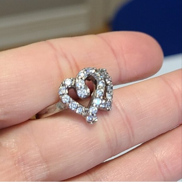 Vintage Sterling Silver Crystal Double Heart Ring 6.25 - Picture 9 of 13